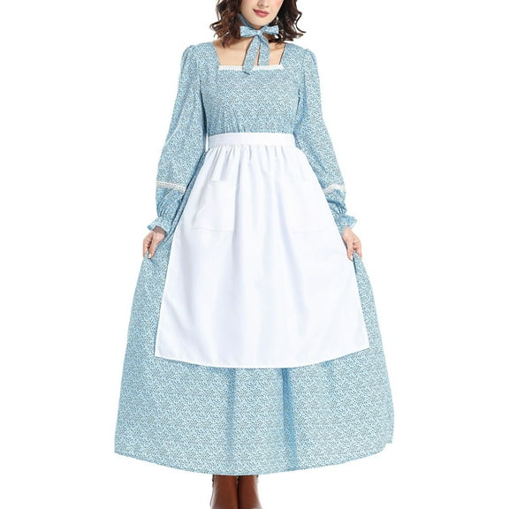 SWSMCLT Women's Spring Dresses Long Sleeve Casual Square Neck High Waist Peasant A Line Dress Swing Dress Cute Blue Large