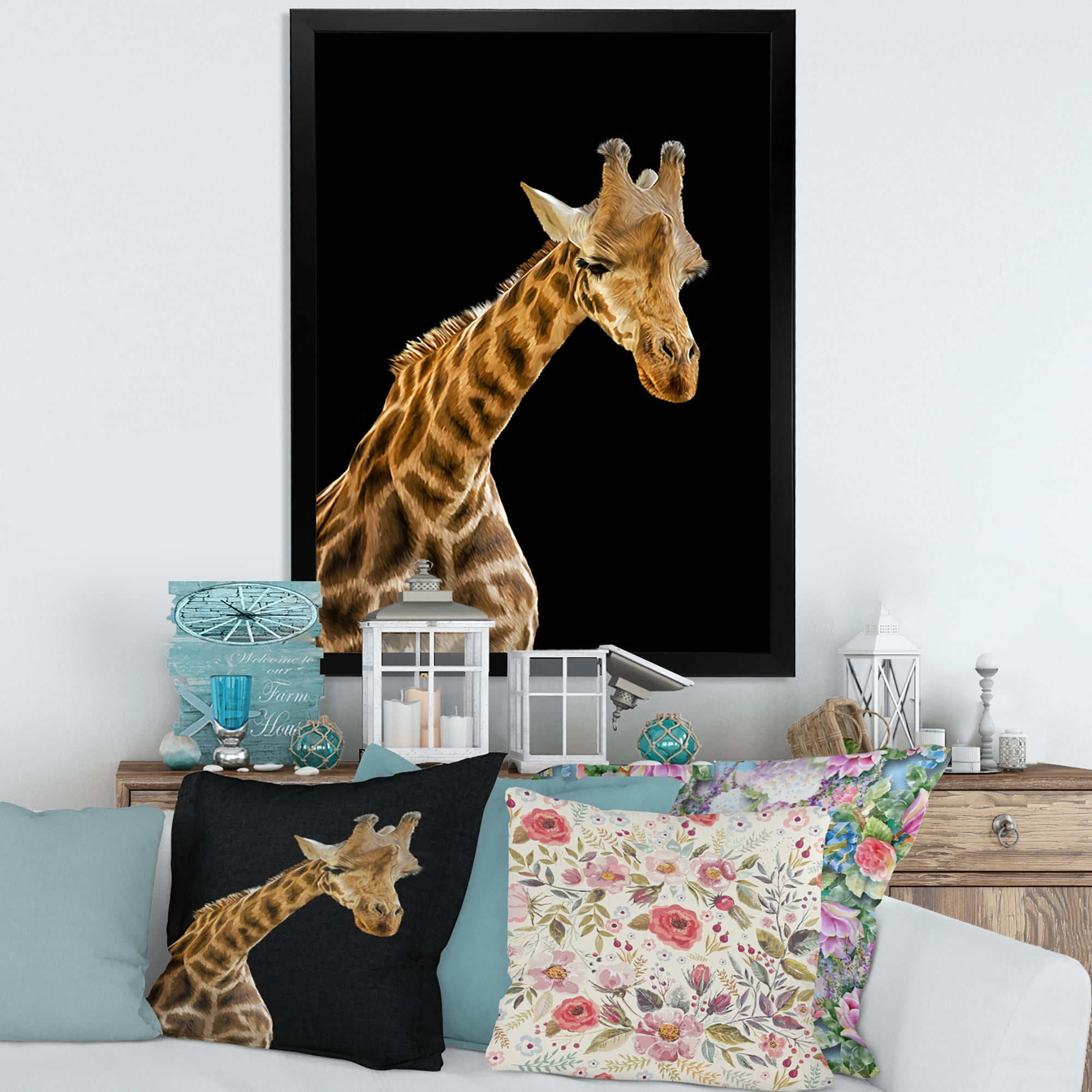 Designart 'Portrait of A Giraffe On Black Background II' Farmhouse Framed Art Print