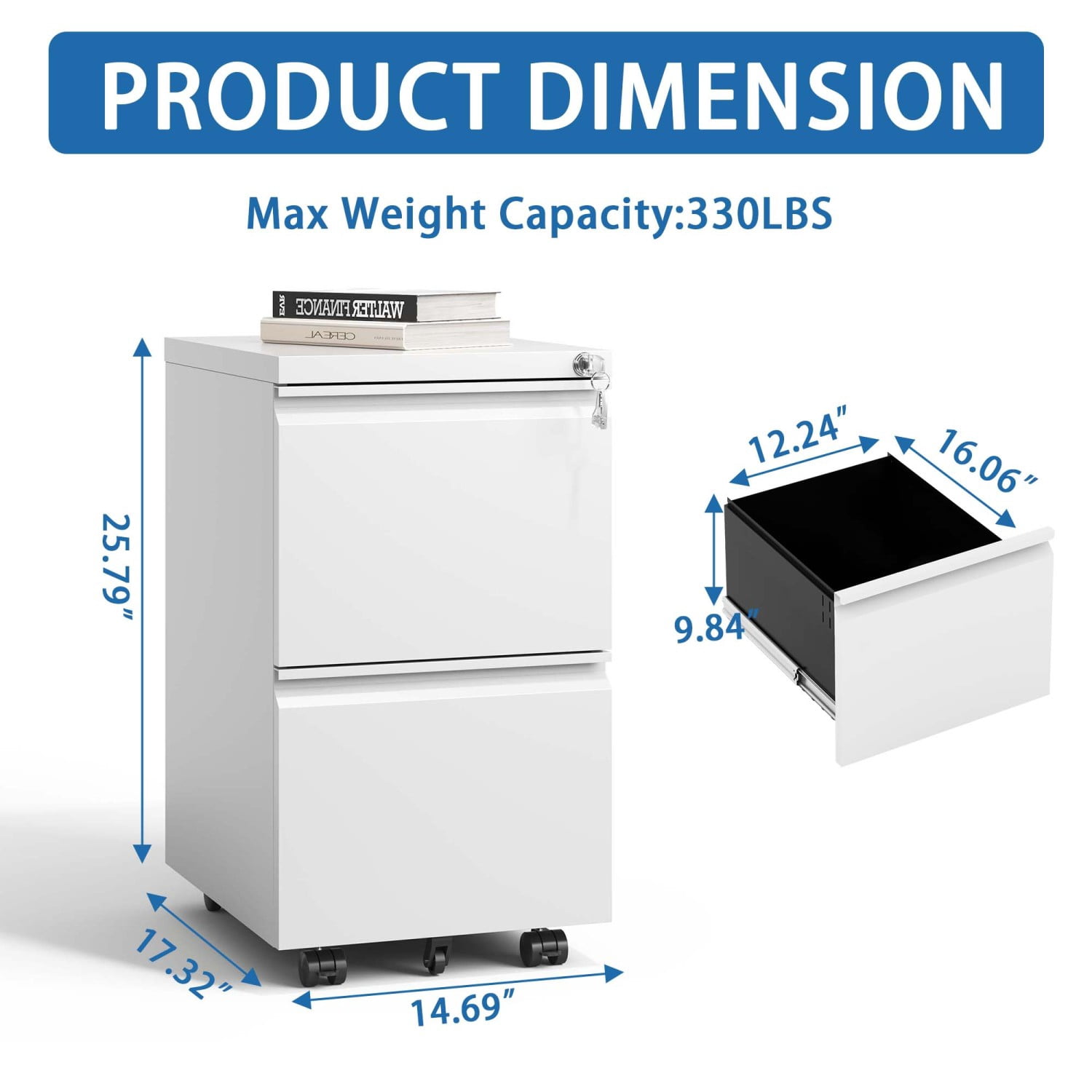 2 Drawer Metal Mobile File Cabinet, Rolling File Cabinet with Lock for Hanging Legal/Letter/A4 Size Documents