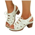 thumbnail image 4 of LOVZFMLL Women's Heel Sandals Hollow Chunky Block Heels Fashion Drawstring Open Toe Ankle Strap Dress Sandals Summer Casual Outdoor White 7, 4 of 9