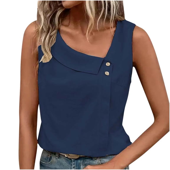 Women's Skew Neck Dressy Tank Button Front Casual Sleeveless Tops Loose Office Blouse Summer Shirts