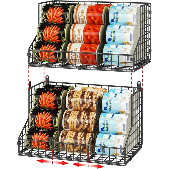 2 Pack Stackable Can Rack Organizer for Pantry Storage,Can Dispensers with 4 Adjustable Dividers, 2-Tier Metal Wire Basket Beverage Pop Soda Rack for Kitchen Cabinet Pantry, Black