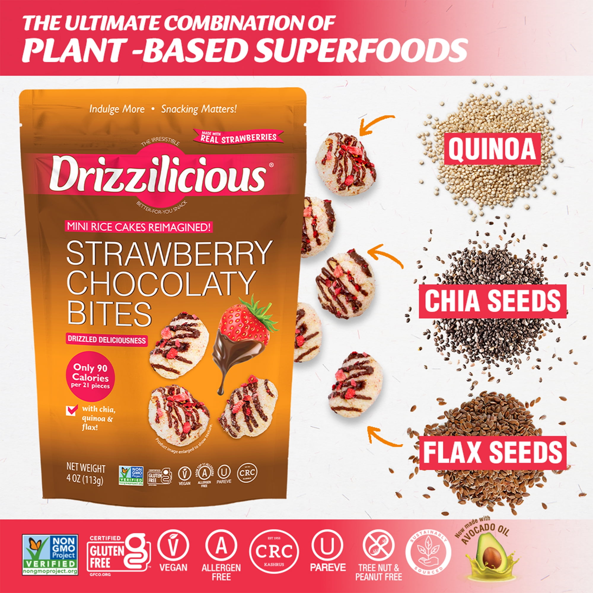 Drizzilicious Mini Rice Cakes, Strawberry Chocolaty Bites Gluten Free Snacks, Rice Crisps 4 oz