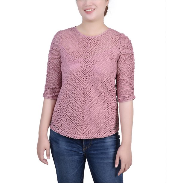 NY Collection Womens Lace Knit Blouse, pink, Petite, PM