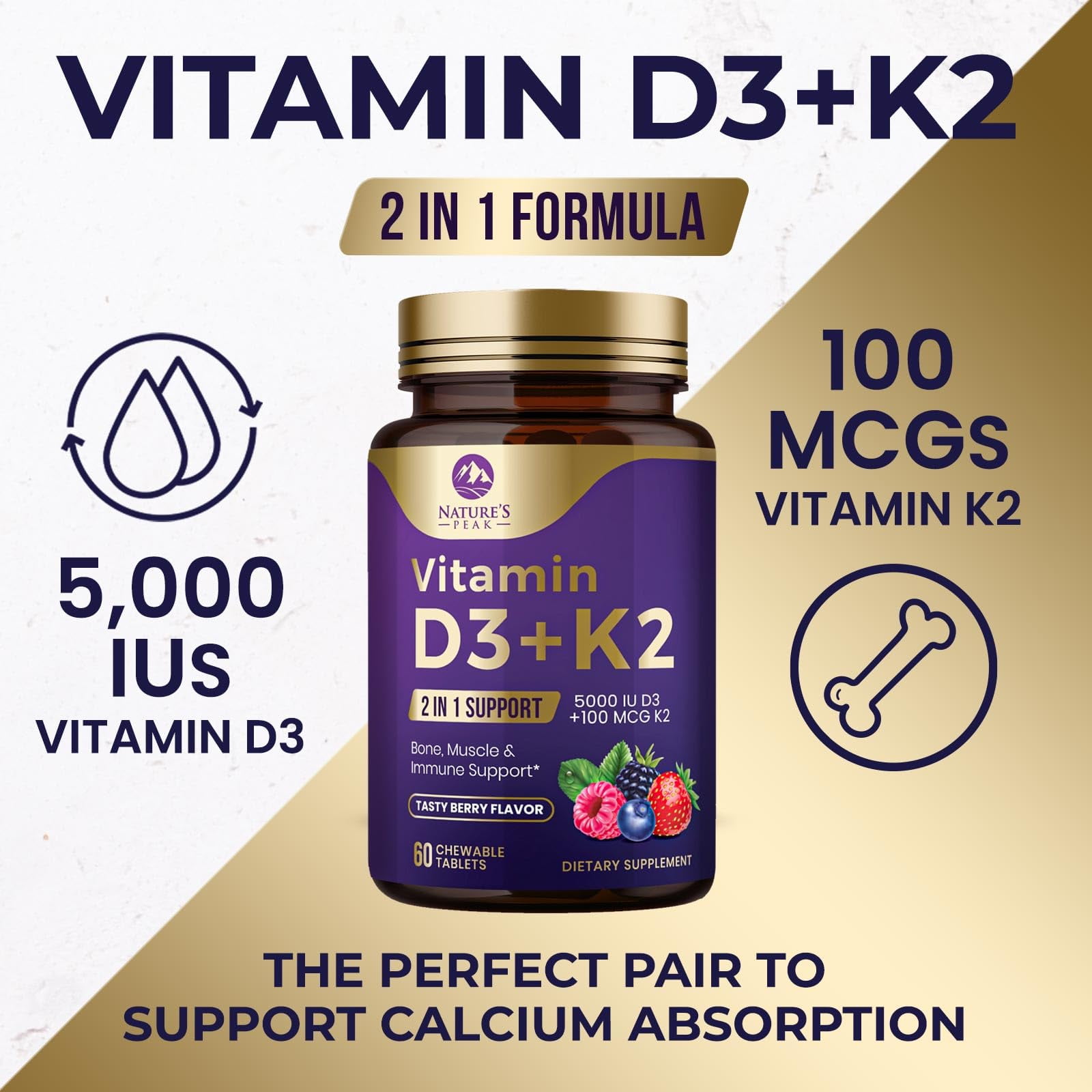 Vitamin D3 K2 - 5000 Iu Vitamin D3 & 100 Mcg Vitamin K2 (MK-7) Complex For Immune Support - Bone, Teeth & Muscle Health Support - Berry Chewable, Gluten Free, Non-GMO - View #3