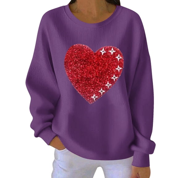 Valentine's Sweatshirt for Women Ribbed Long Sleeve Bow Heart Print Crewneck Pullover Top Purple-1 XL