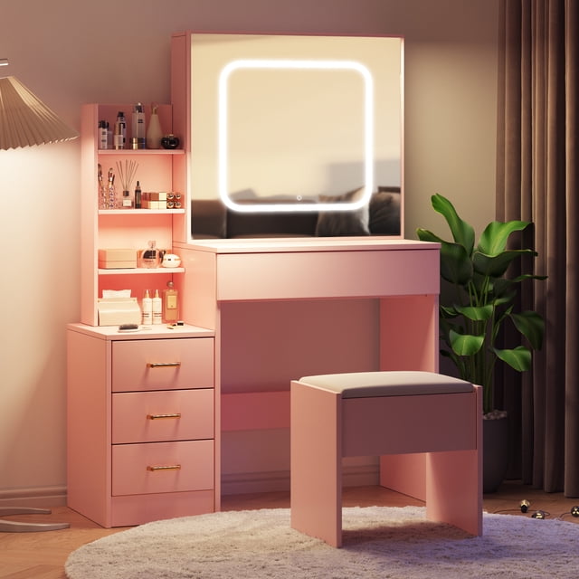 Towallmark Modern Vanity Desk with Sliding LED Mirror, 4 Drawers, Power Outlet, Storage Shelves, Adjustable Lighting, Cushioned Stool – Bedroom Makeup Table, Pink