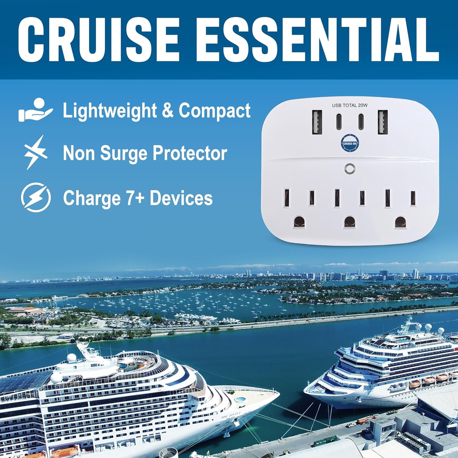 RGHJAR-Cruise Approved Non Surge Power Strip [2 USBC, 2 USB, 3 AC] - Cruise Essentials for Carnival, Celebrity, Princess, Norwegian, MSC & Major Cruise Lines