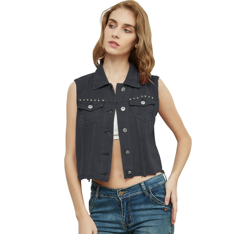 Womens Juniors Cotton Rivet Denim Sleeveless Crop Vest Jean Jacket