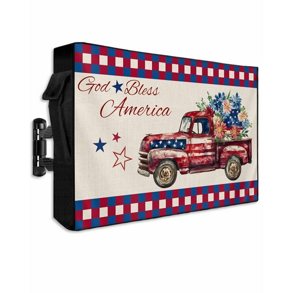 4th of July Outdoor TV Cover 40 to 43 Inch Weatherproof, Red Blue Plaid Truck Floral Independence Day 600D Oxford TV Covers with Waterproof Zipper, Outside Flat TV Screen Protector 40"Wx25"Hx4.5"D
