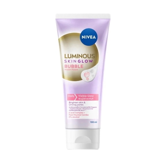 NIVEA Luminous Skin Glow Bubble Foam Face Wash, 100ml, 6 Acid Complex with Pearl-Rucinol Formula, NonComedogenic