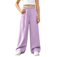 thumbnail image 3 of Ixbnca Long Pants for Girls Textured Wide Leg Solid Color Pants Lounge Elastic High Waist Comfy Vacation Trousers, 3 of 6