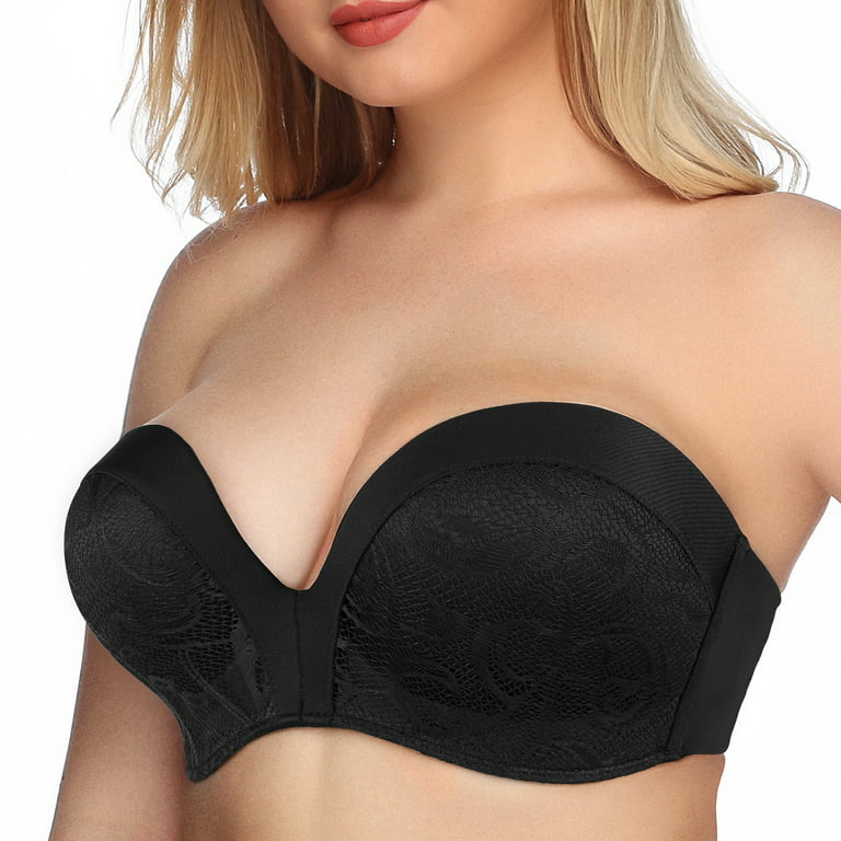 Exclare Lace Embroidery Wirefree Anti-slip Push Up Strapless Bra Women Hand  Shape Everyday Bras Custom Lift(Black-Lace Black,32DD）