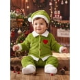 thumbnail image 5 of RUINIXCW Toddler Baby Girl Boy Christmas Outfit Infant Kids Christmas Elf Cosplay Costume Long Sleeve Green Plush Lapel Velvet Button Down Jacket Coat and Pants Set Hat, 5 of 10