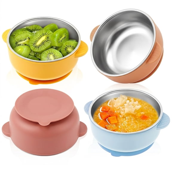 4 Pcs 304 Stainless Steel Baby Bowls with Removable Silicone Sleeve Non Slip Toddler Suction Bowls Snack Containers for Toddlers Kids Feeding