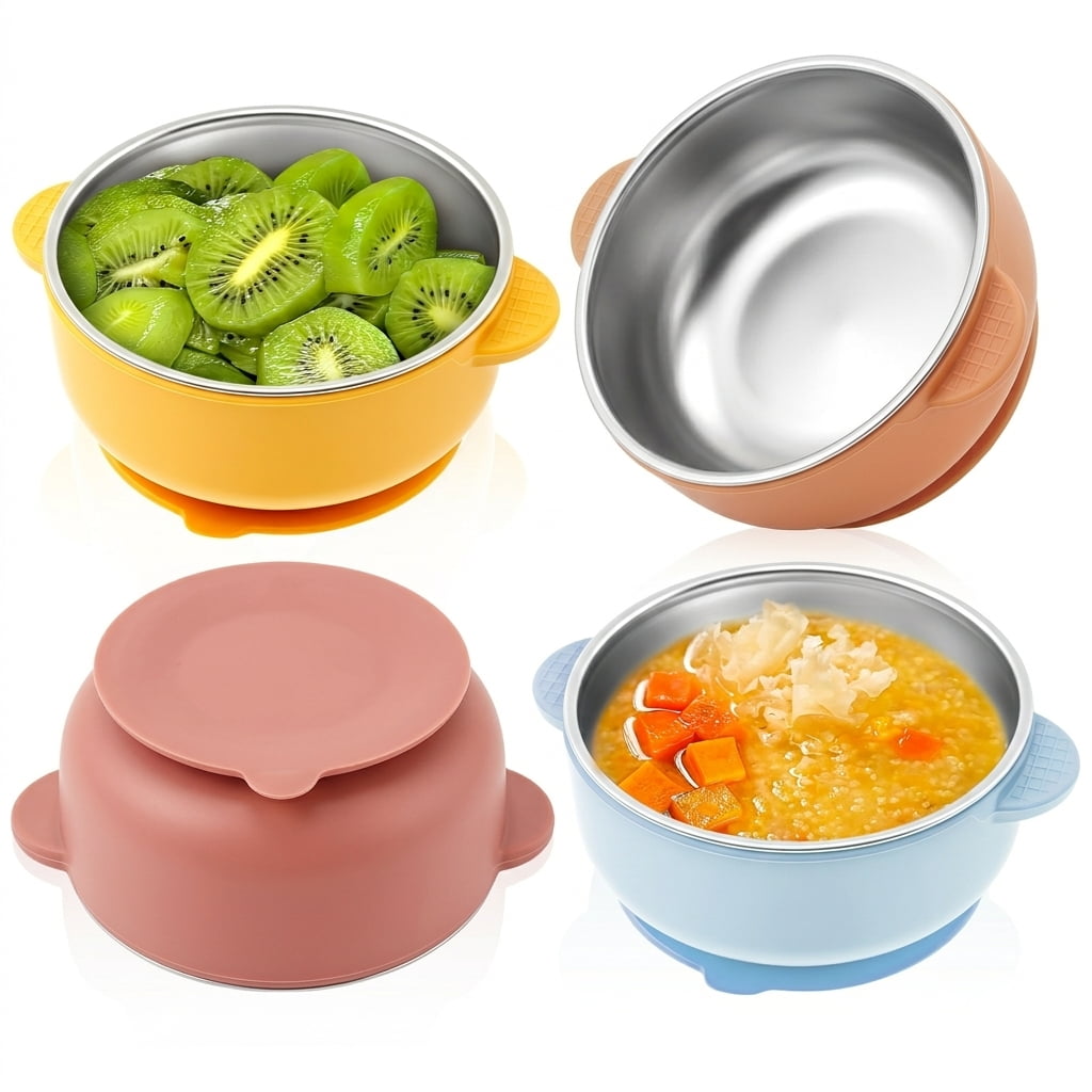 4 Pcs 304 Stainless Steel Baby Bowls with Removable Silicone Sleeve Non Slip Toddler Suction Bowls Snack Containers for Toddlers Kids Feeding