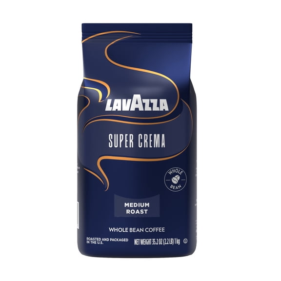 Lavazza Super Crema Whole Bean Coffee, Medium Espresso Roast, Arabica and Robusta Blend, 2.2 lb Bag