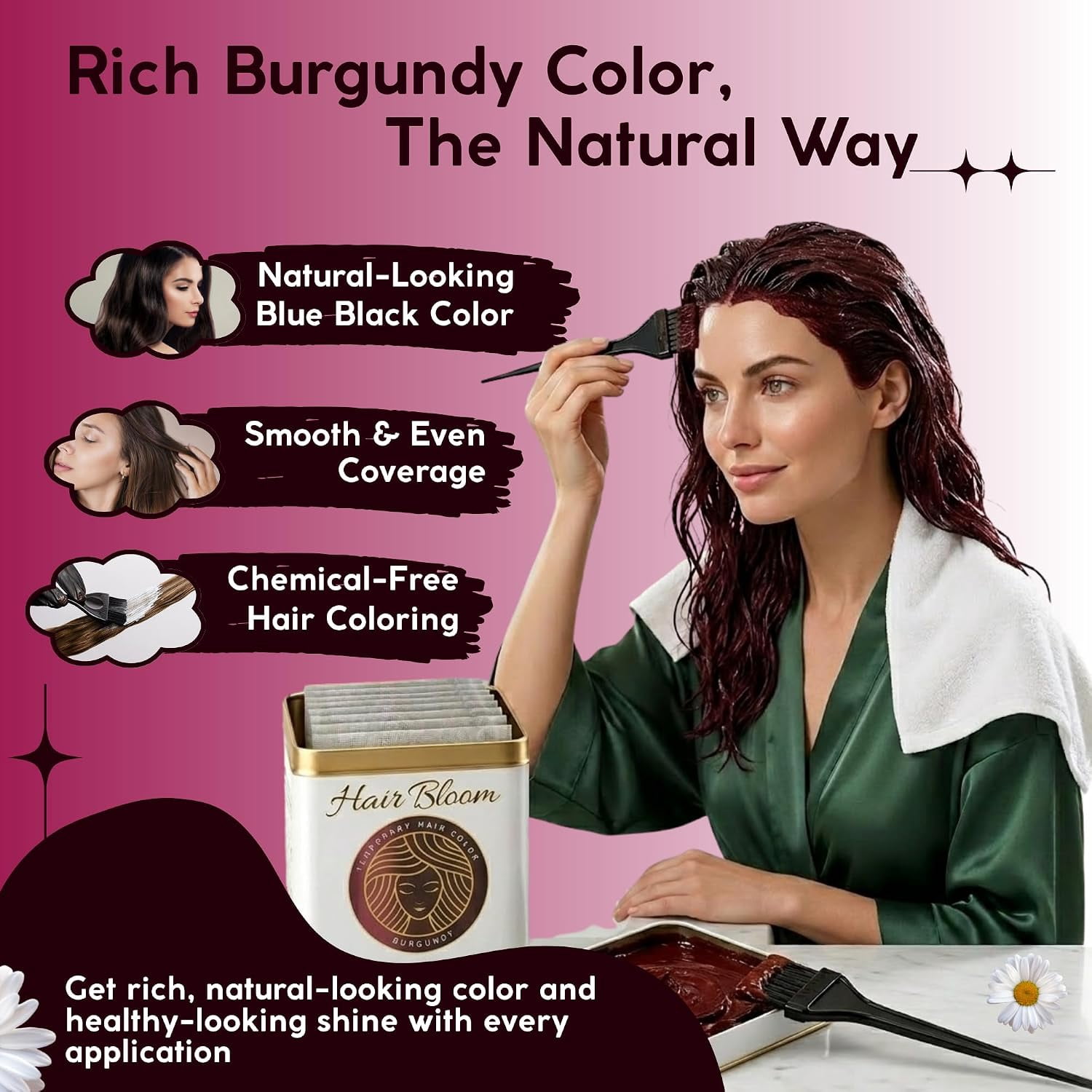 Pride Of India - Hair Bloom Natural Burgundy Hair Color- Herbal Henna Burgundy Hair Color| Net WT 120 GMS  Powder-12 Ct, 10 Gms Sachets-Reusable Brush And Tray Included- Shiny And Smooth