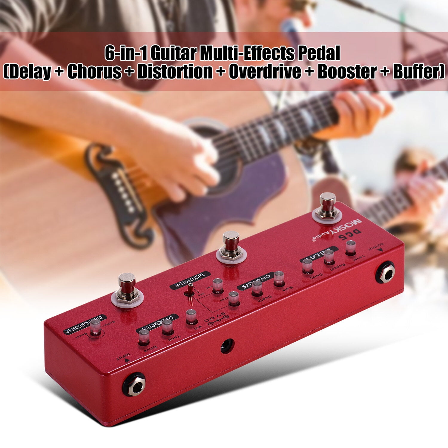 MOSKY DC5 6-in-1 Guitar Multi-Effects Pedal Delay + Chorus + Distortion + Overdrive + Booster + Buffer Full Metal Shell with True Bypass