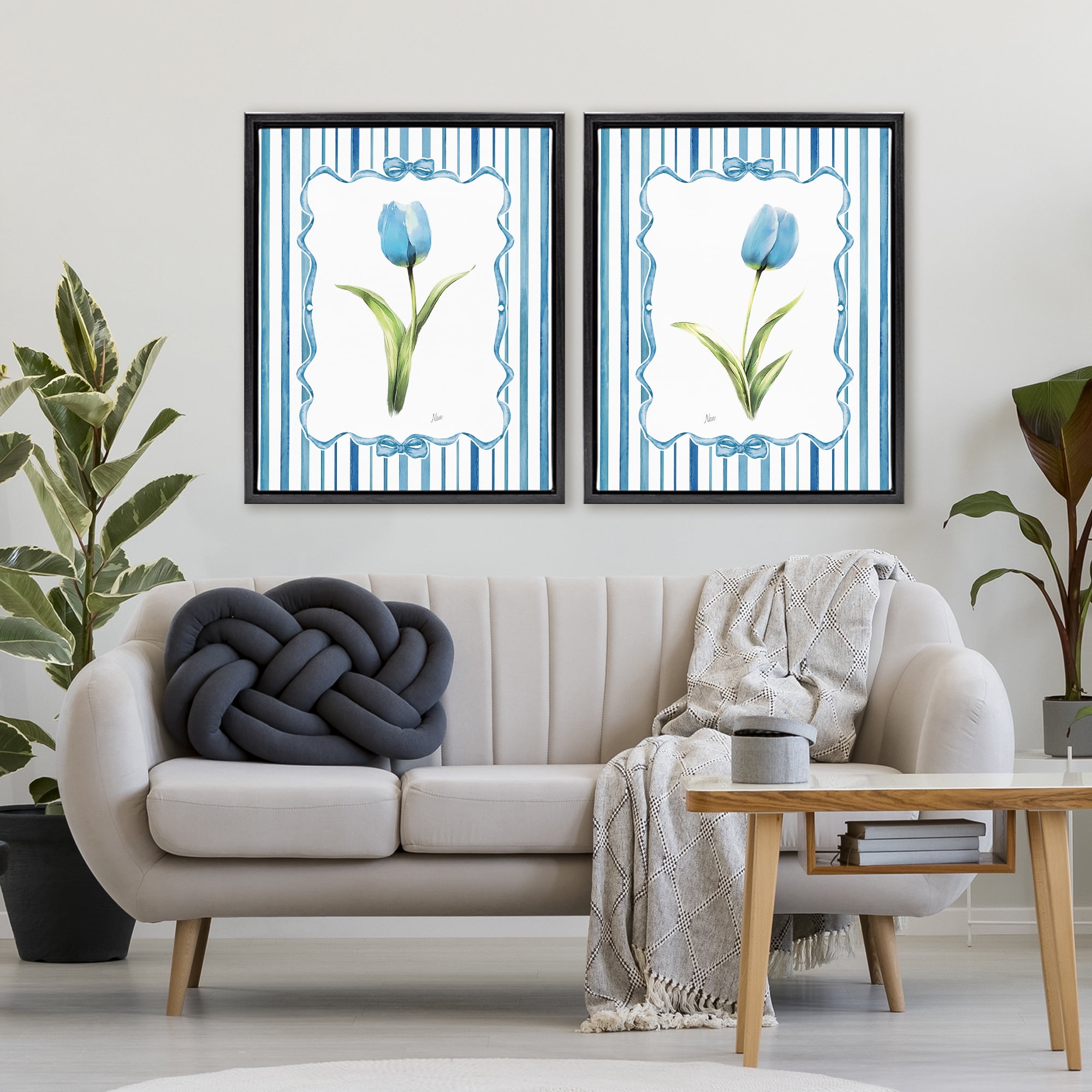 Stupell Industries Blue Tulips with Feminine Ribbon 2 Piece Black Framed Floater Canvas Set, design by Nan