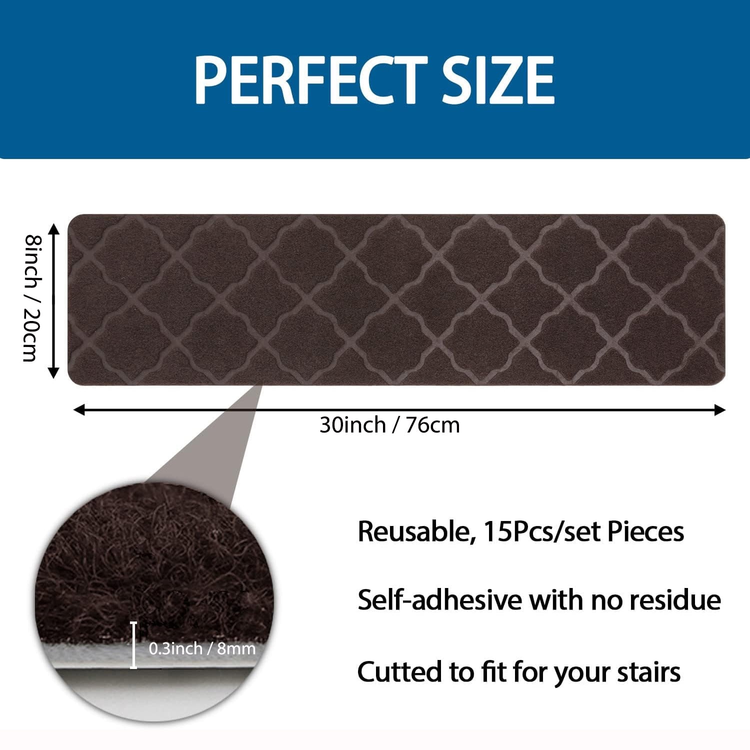 Kaskawise Carpet Stair Treads Non Slip with Self Adhesive, 30"x8" Reusable Anti Slip Tapes for Stairs Set of 15, Skid Resistant Indoor Stair Rugs Stair Mats Stair Covers for Wood Stairs, Brown