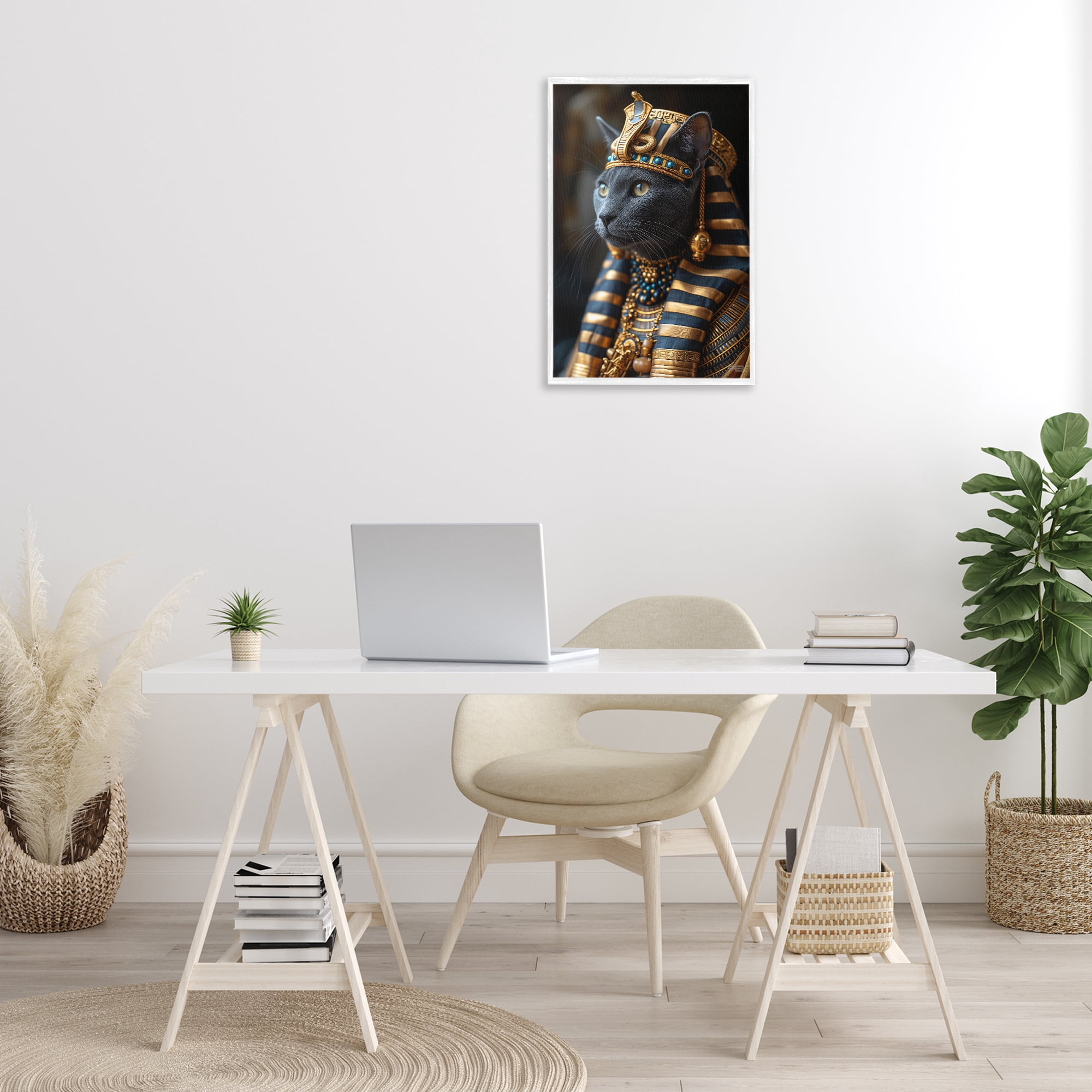 Stupell Industries Egyptian Pharaoh Cat Novelty Painting White Framed Art Print Wall Art, 16 x 24