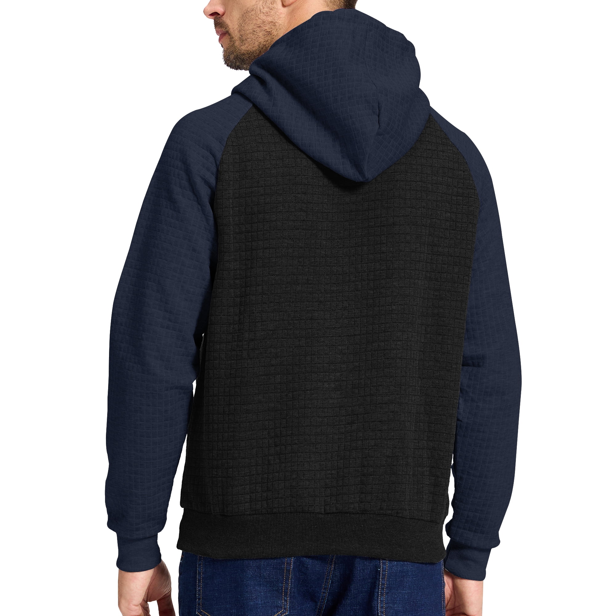Satankud Men's Pullover Hoodies Plaid Jacquard Color Block Long Sleeve Casual Hooded Sweatshirts with Kanga Pockets Black/Indigo 2XL