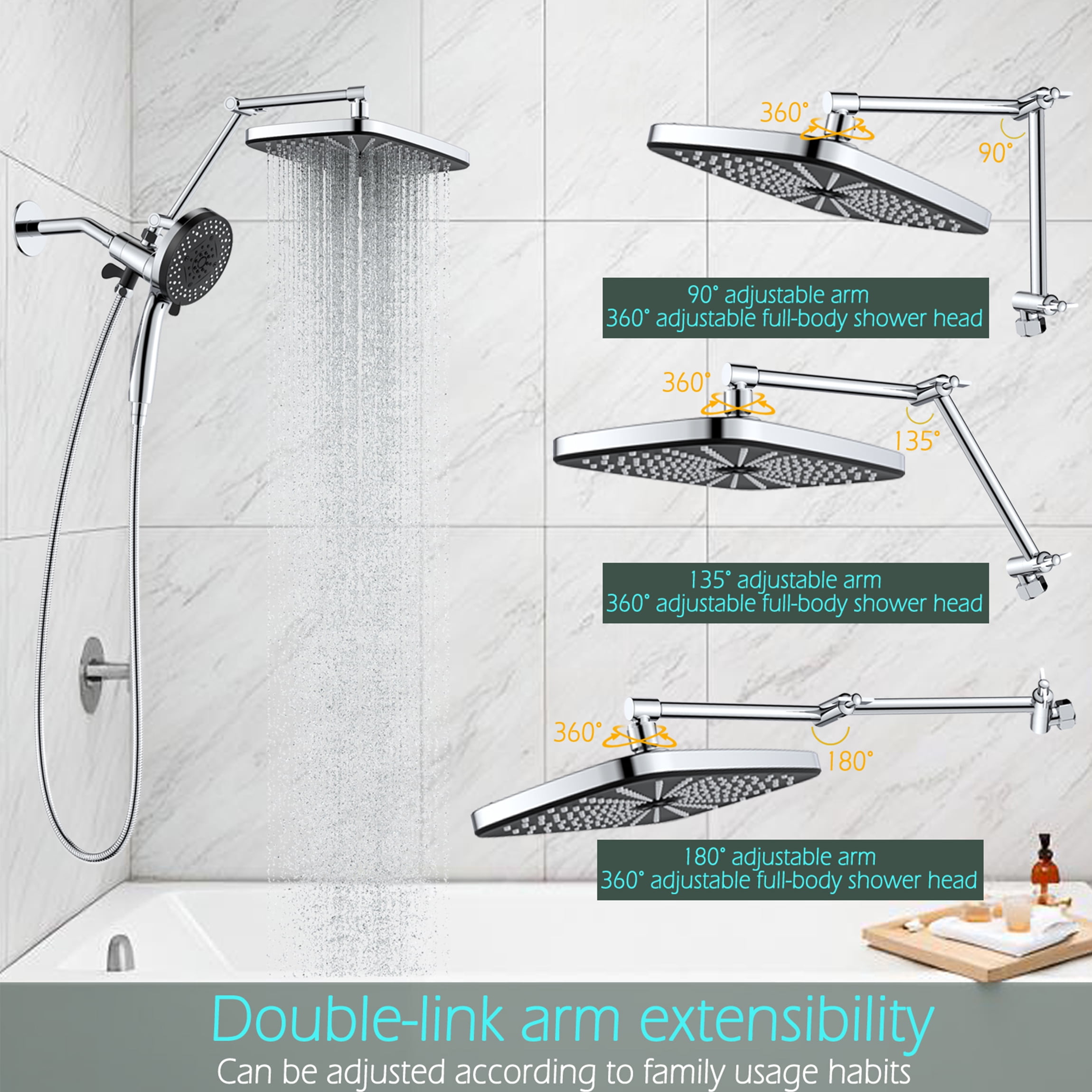 High Pressure Rain Shower Head: Upgrade Shower Heads with Handheld Spray Combo with Fixed Showerhead and 8 Sprays Handheld Shower Head, Detachable Shower head Built-in Magnetic Docking and Power Jets