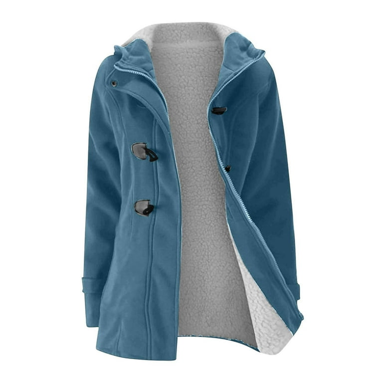 Lovskoo Women s Fleece Lined Duffle Coat Winter Coats Long Sleeve Thick Warm Hooded Jacket Outerwear Light Blue
