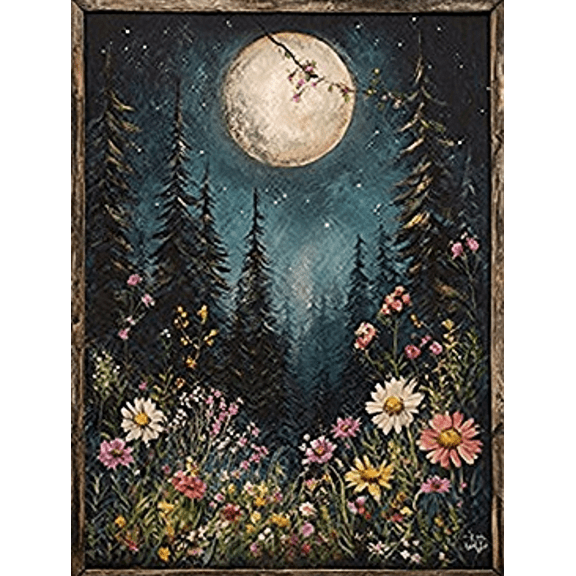 Moonlit Floral Forest Landscape Decorative Painting/Canvas Art, Suitable for Living Room, Bedroom, Office, Kitchen, Bathroom, Gallery, and Studio Decoration.