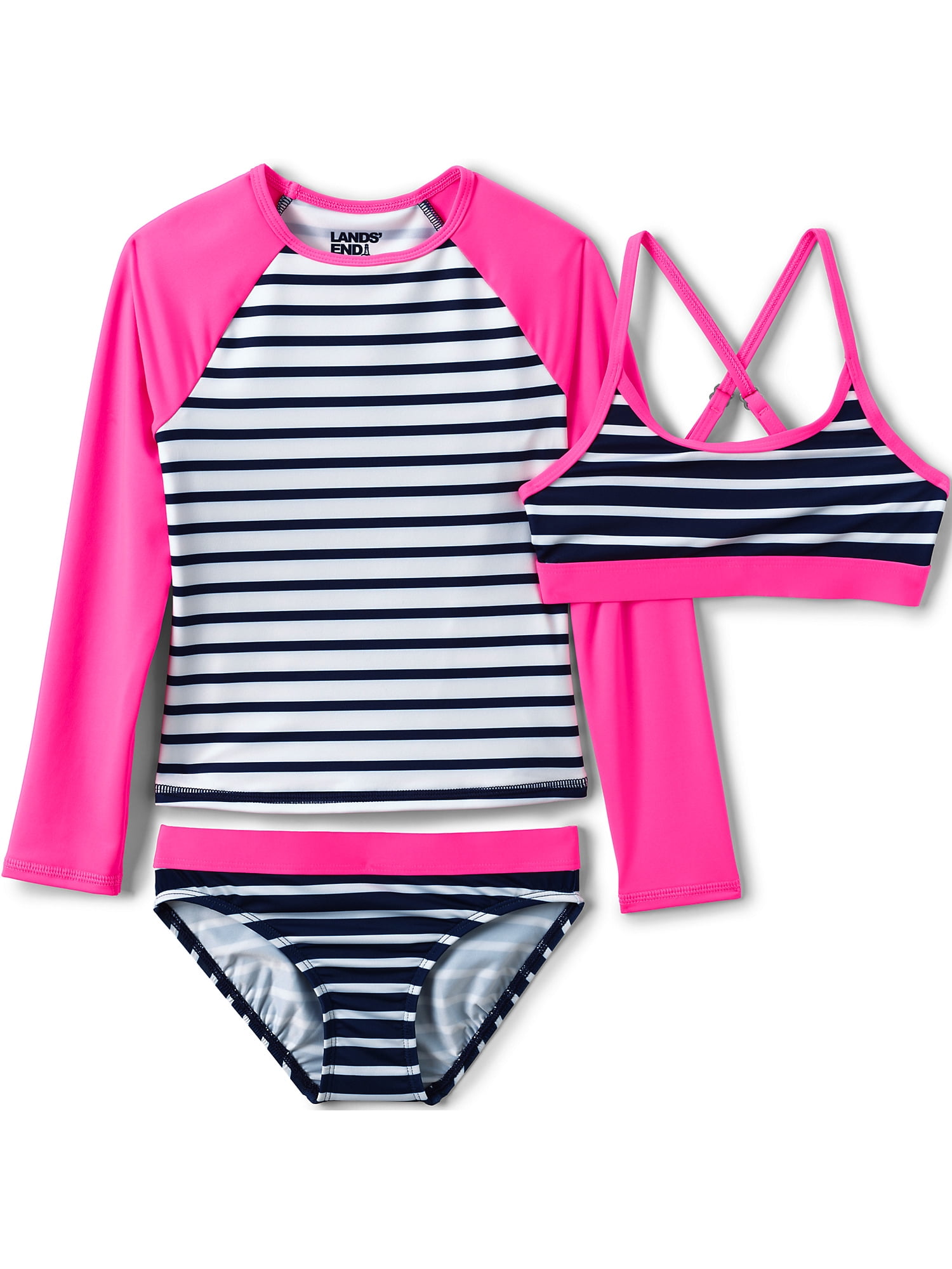 Lands' End Girls Slim Rash Guard Swim Top Bikini Top and Bottoms UPF 50