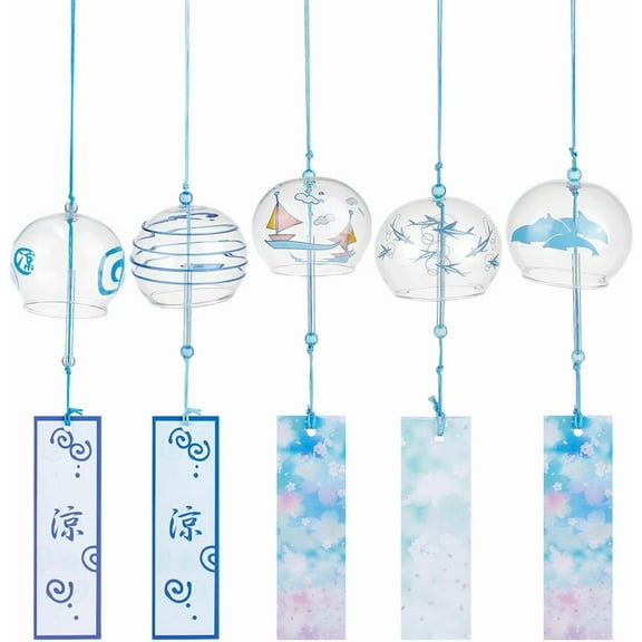 5pcs 5 Styles Japanese Wind Chimes Summer Theme Handcrafted Glass Wind Bells Glass Wind Bells Creative Hanging Pendants for Home Garden Wedding Indoor Outdoor Decoration