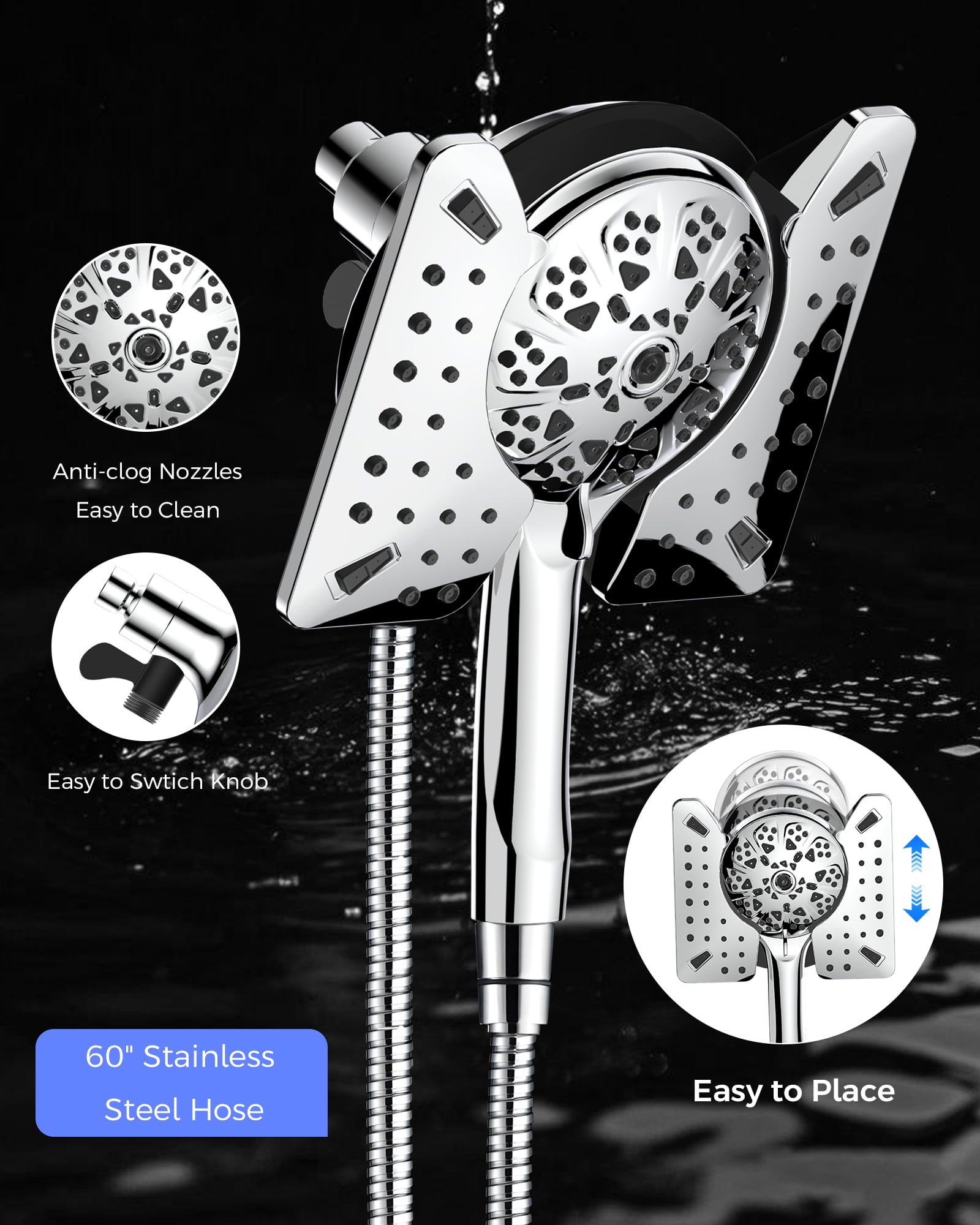 Hodvit 2 in 1 Shower Head Combo, High Pressure Rain Shower Head and Handheld Shower Head with 10 Spray Modes, 60" Stainless Steel Hose