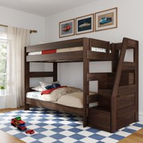 Modern Farmhouse Twin Over Twin Bunk Bed With Staircase, Barnwood Brown