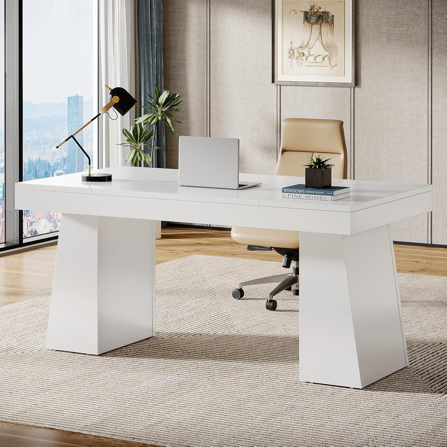 Tribesigns 55 Inches Executive Desk, Mid-Century Modern Home Office Desk with Double Trapezoid Base