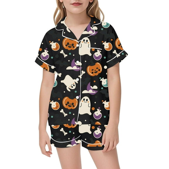 Kiijoy Toddler Girls Halloween Pajama Set Short Sleeve Button Shirt Shorts Sleepwear, Sizes 2-3