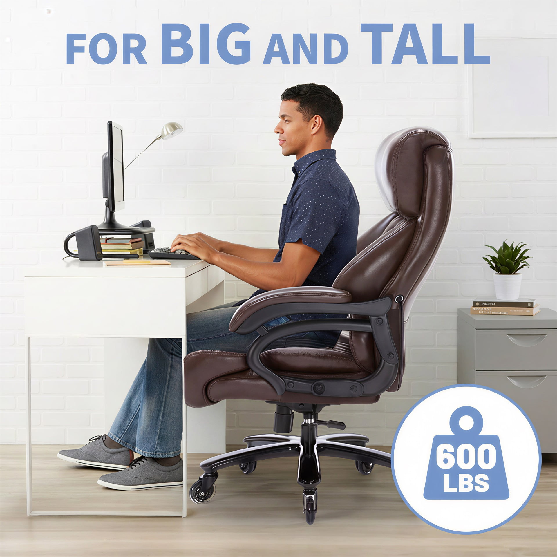 Bananova Big and Tall Office Chair 600 lbs, Extra Wide PU Executive Desk Chair with Adjustable Lumbar Support, High Back Ergonomic Computer Chair with Rocking , Thick Cushion for Home Office, Brown