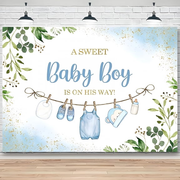 BESTSKY 2026 New Cute Clothes Baby Shower Backdrop for Boys A Sweet Baby Boy Is on His Way Banner Greenery Eucalyptus Leaves Welcome Baby Boy Baby Shower Party Decorations Banner Photo Booth Props