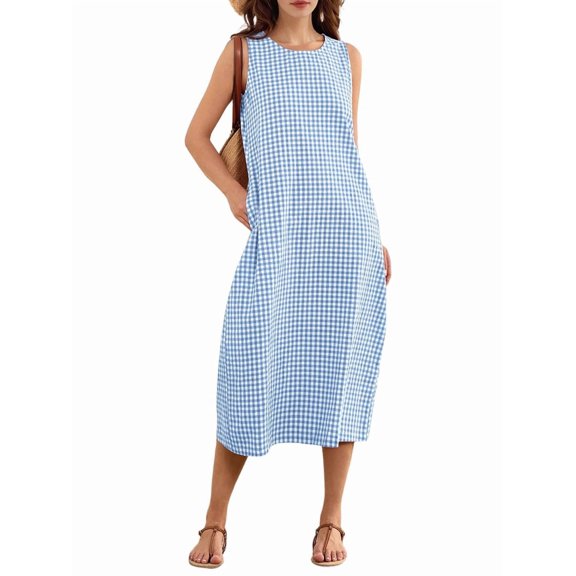 Women's Dresses Long Sundresses Plaid Striped Pockets Maxi Dress for Summer Casual Beach Vacation S