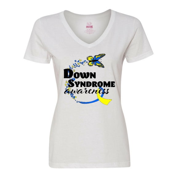 Inktastic Down Syndrome Awareness with Butterfly and Ribbon Women's V-Neck T-Shirt