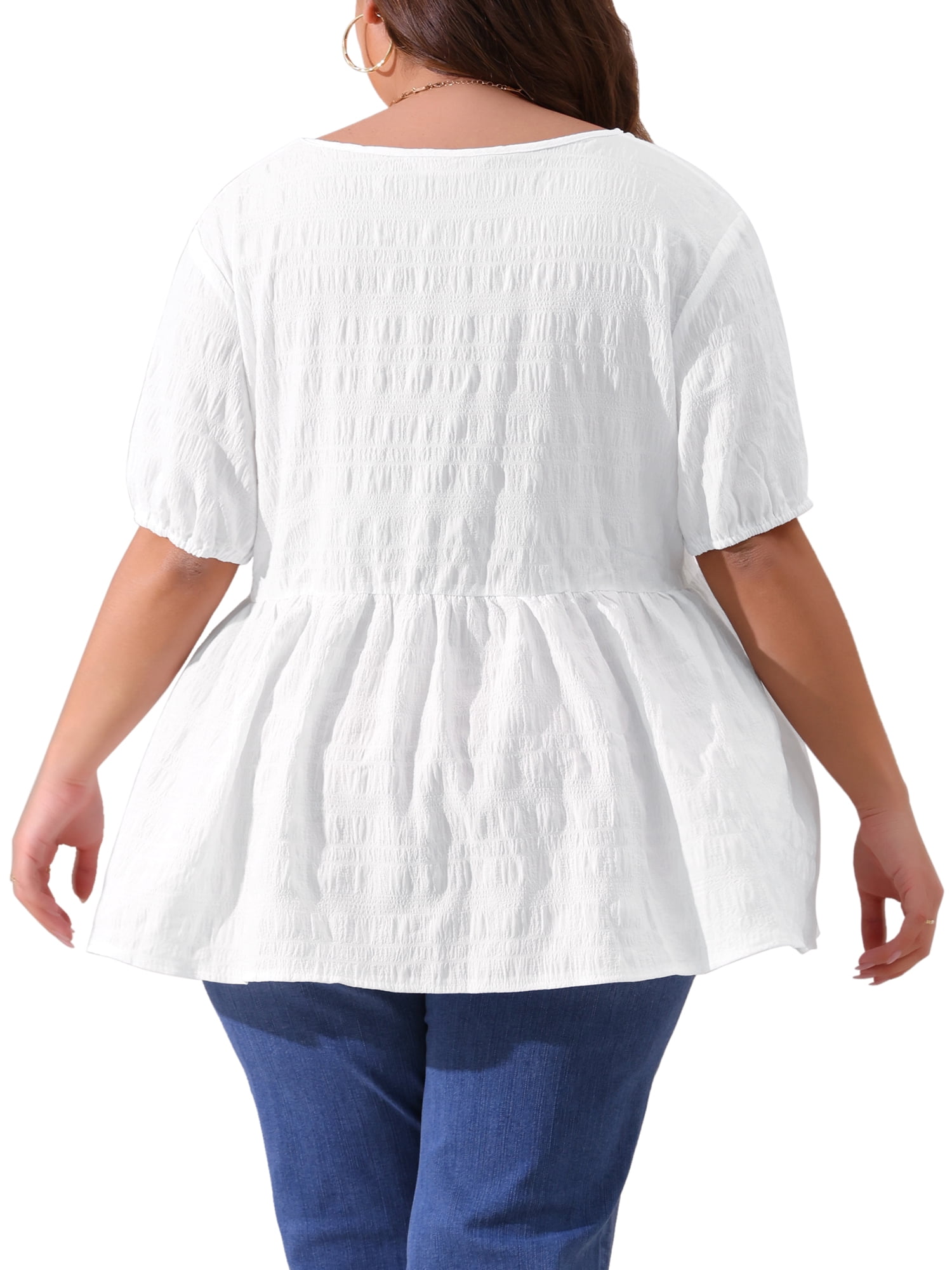 Women's Plus Babydoll Tops Crewneck Short Sleeve Loose Fit Flowy Blouse 1X White