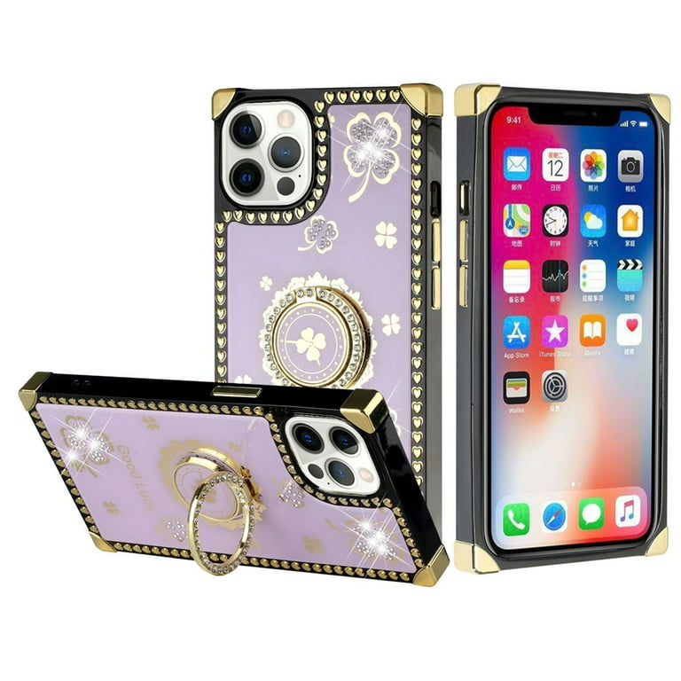 For Apple iPhone 11 (6.1) Luxury Fashion Square Hearts Design Diamonds  Bling Sparkly Glitter with Ring Stand Cover ,Xpm Phone Case [ Heart Purple  Gold ] 