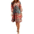 thumbnail image 2 of Txlixc, vestido bohemio informal de verano para mujer, estilo étnico, estampado Floral, cuello en V, manga abullonada, vestido corto oscilante a la moda Txlixc  Vestido bohemio casual de verano para mujer, 2 of 5