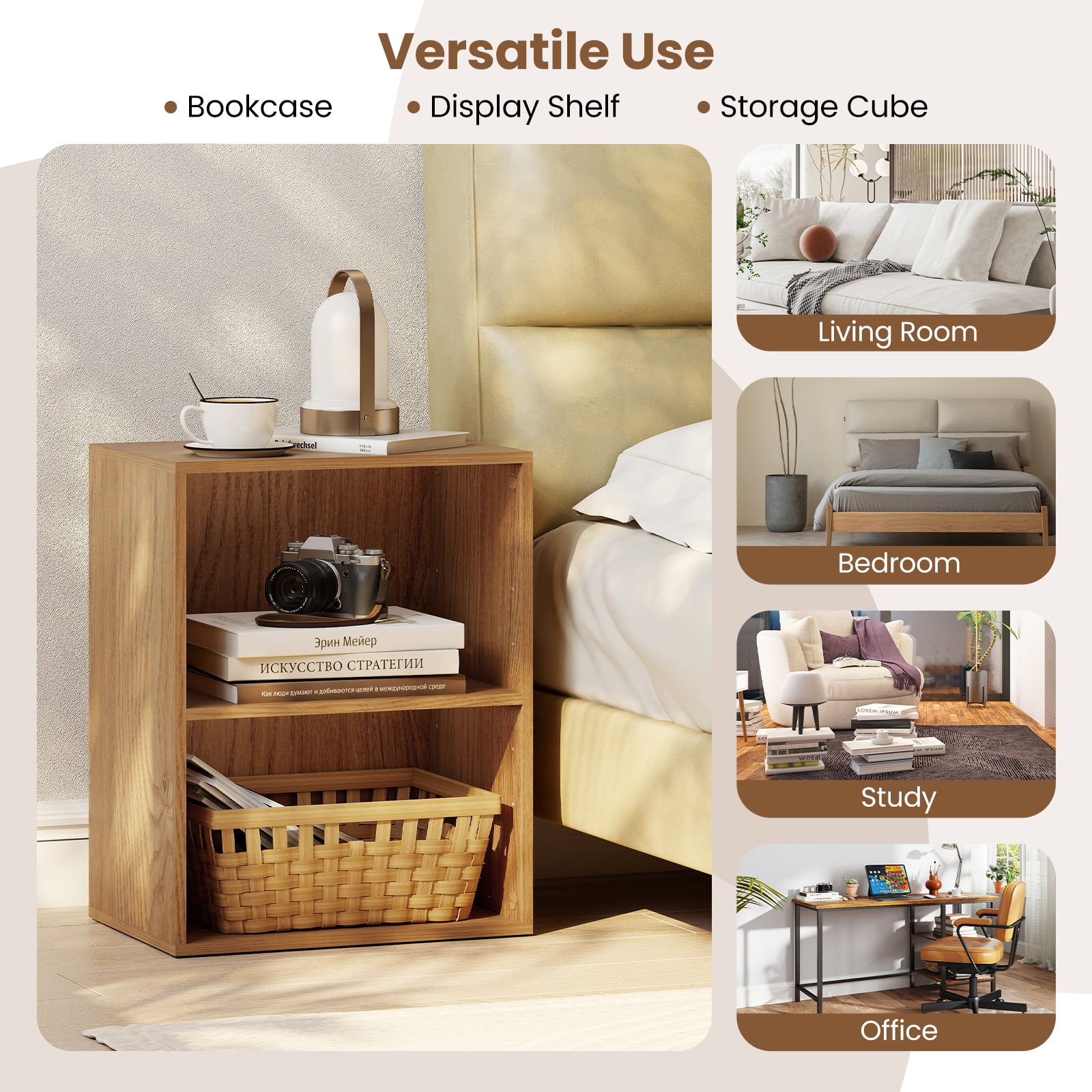 Gymax 2-Cube Bookcase w/ 5-Position Adjustable Shelf Anti-Toppling Kits for Study Natural