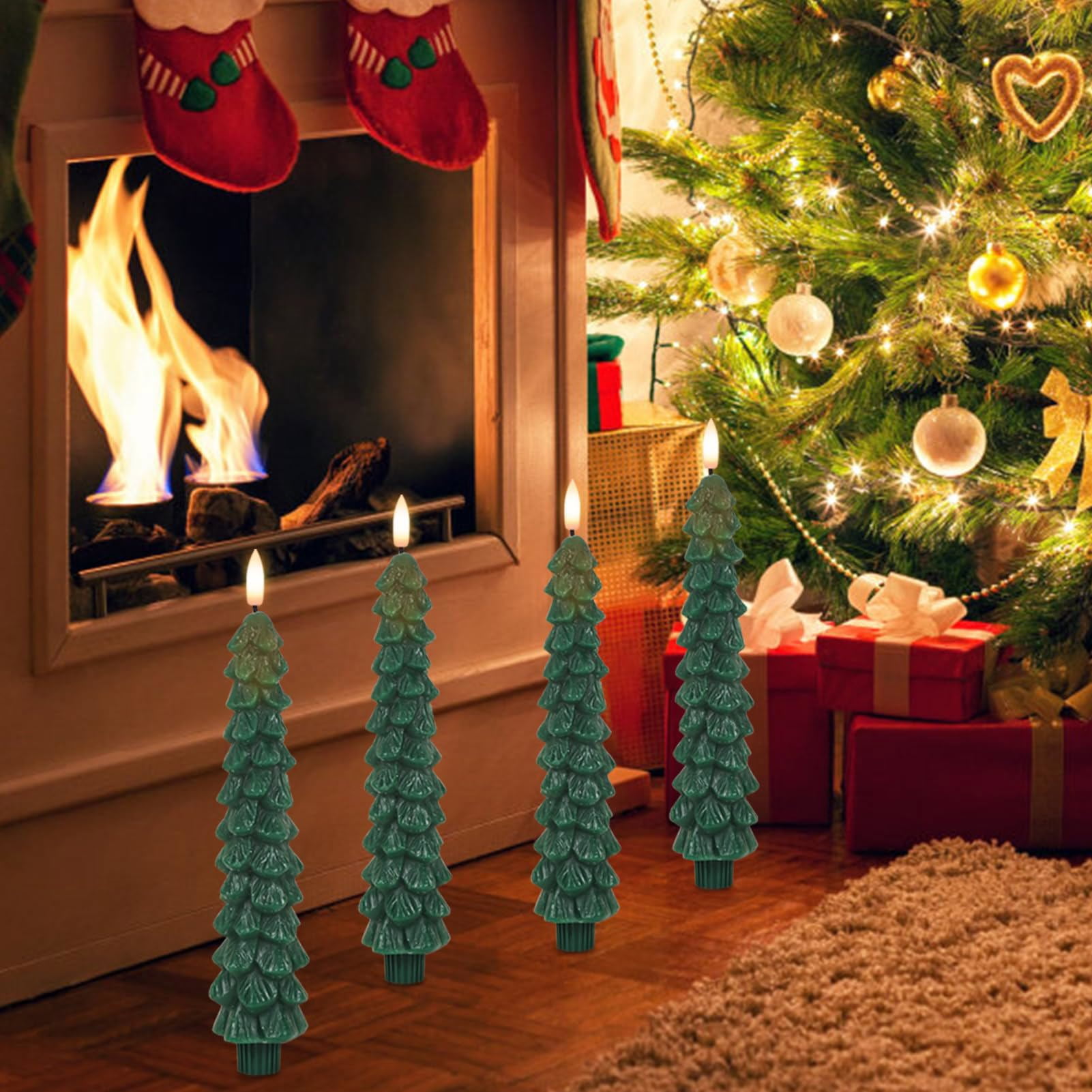 Christmas Tree Flameless Taper Candles with Remote Timer, Christmas LED Taper Candles with 3D Flame, 4 Pcs Green LED Candlesticks for Christmas Home Decoration
