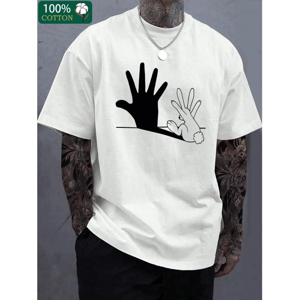 Loai Orientation, Rabbit Hand Shadow Graphic Print, Boutique 220g Thickened Cotton T-Shirt, Mens Fashion Casual Cotton T-Shirt, Short Sleeve Crew Neck T-Shirt