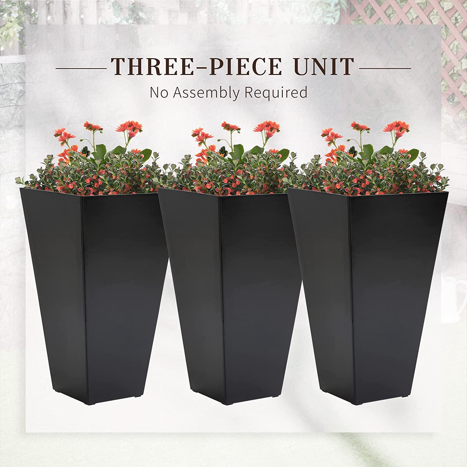 AINUO Set of 3 Tall Planters, 28 Inch Outdoor Flower Plant Pots with Drainage Holes, Indoor Outdoor Planters for Porch, Patio and Deck, Black