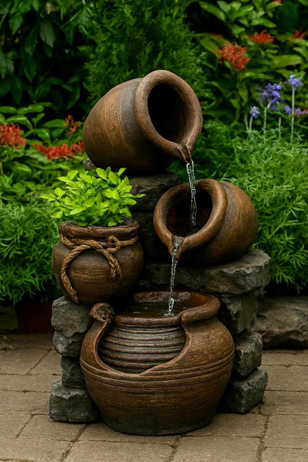 Jeco FCL055 Multi Pots Outdoor Water Fountain with Flower Pot, 12.6L x 13.4W x 23.6H, Multicolor