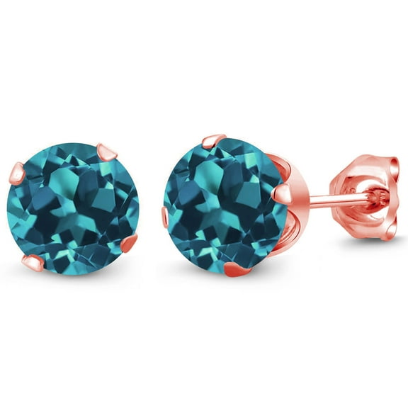 Gem Stone King 3.40 Ct Round 7mm London Blue Topaz 18K Rose Gold Plated Silver Stud Earrings for Women Men
