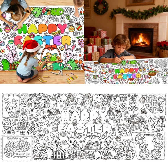 BotaniNest Affiche à Colorier de Pâques (183cmx76cm) Tapis de Gribouillage en Papier avec Lapins, Oeufs et Jeux / Activité de Pâques pour Enfants / Grande Oeuvre Murale/de Sol pour Tout-Petits et Familles